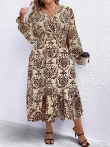 SHEIN LUNE Plus Size Women's Lotus Leaf Sleeve Satin Printed Dress