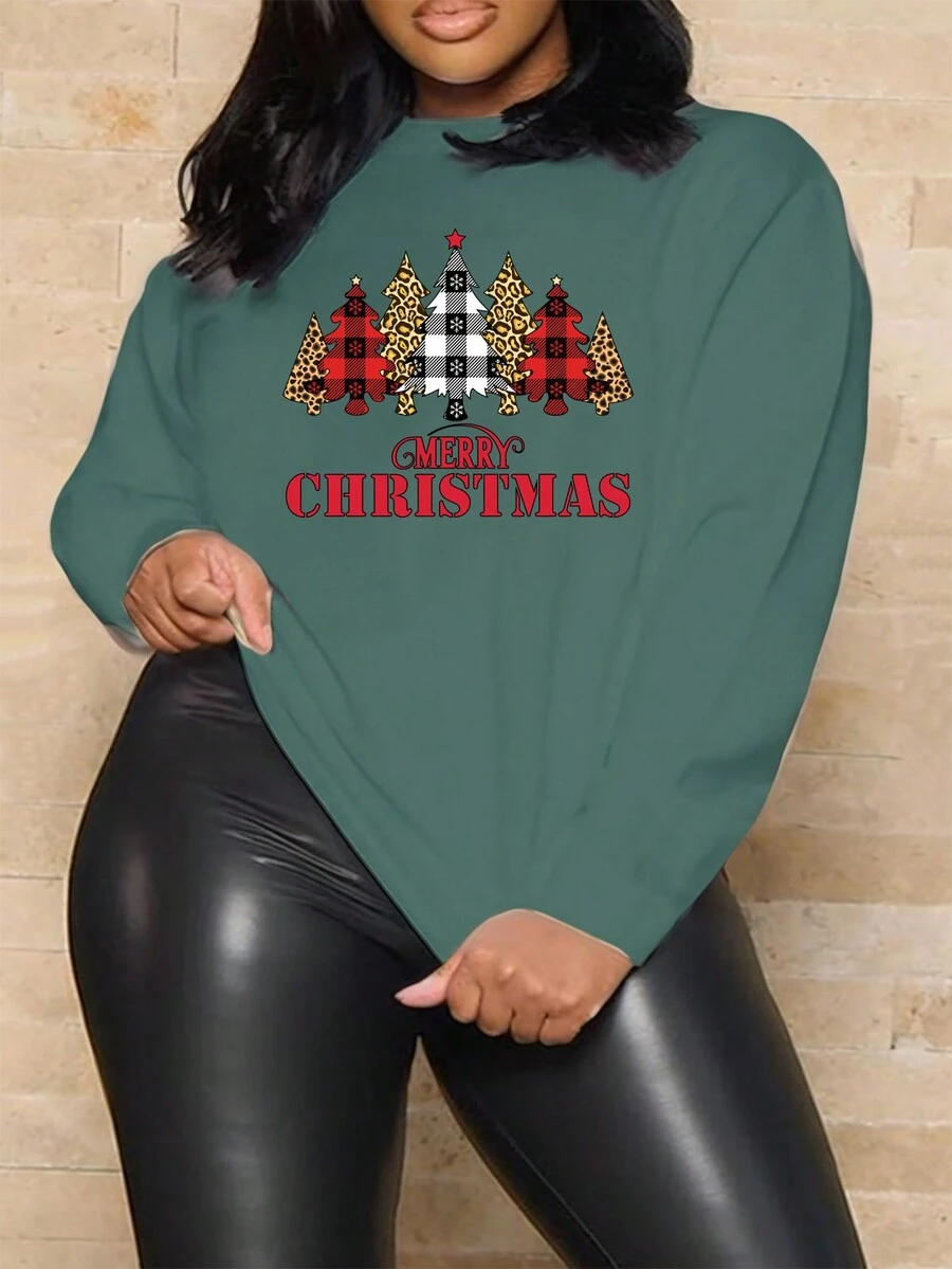 Calvaya Kích thước lớn Của phụ nữ Cây thông Noel Tay áo dài Áo thun - xanh quân đội - Xem 1
