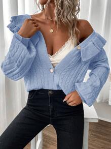 EURMUSE 女士雙扭針織荷葉邊開襟針織衫 - 淺藍色 - 查看 4