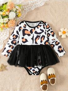Baby Girls' Leopard Print Contrast Mesh Bodysuit - Multicolor - View 1