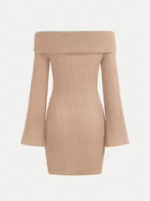 SHEIN 少女纯色罗纹针织翻领露肩喇叭袖连衣裙 - 卡其色 - 查看 2