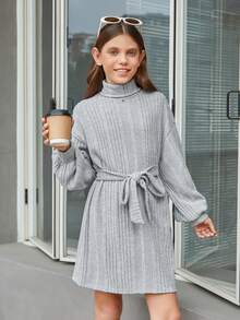 SHEIN Cô gái Dệt kim Màu thuần Cổ áo cao Thắt lưng Lỏng lẻo Đầm - Màu Xám nhạt - Xem 6