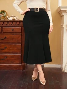 Modelyn Plus Size Mermaid Hemline Elegant Skirt Without Belt - Black - View 1