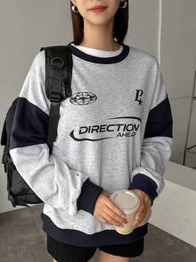 FRIFUL 女款字母印花落肩套頭衫 - 藏蓝色 - 查看 2