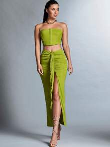 SHEIN BAE Conjunto De Top De Tubo Y Falda Con Dobladillo De Volantes Plisados Para Mujer - Verde - Ver 5