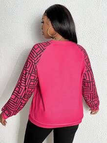 Slaydiva Kích thước lớn Họa tiết Hình học Tay Raglan Áo nỉ - Màu Hồng Tươi - Xem 2
