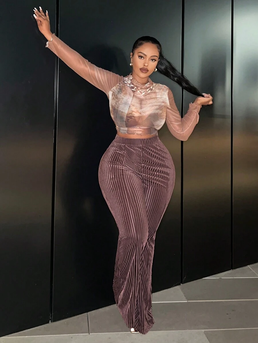 Slaydiva Plus Size High Waist Straight Leg Pants - Brown - View 1