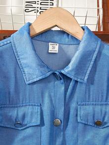 青少年女孩长袖牛仔效果印花腰带装饰休闲连衣裙