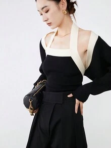 女款拼色修身簡約針織吊帶背心和青果領開襟衫 - 黑色 - 查看 6