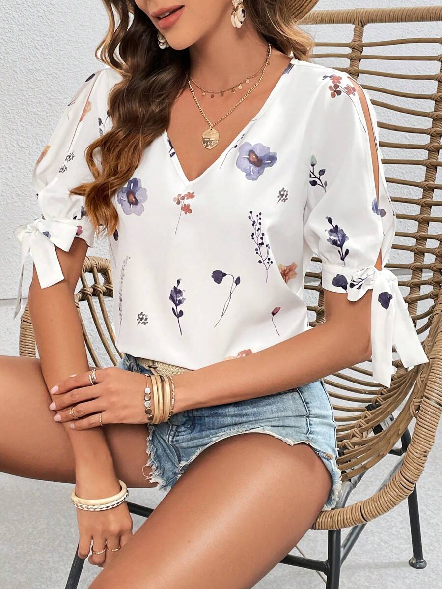 SHEIN VCAY Vacation V-neck Split Sleeve Blouse - White - View 1