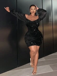 Slaydiva SLAYR PLUS - Luxury Party - Knit Non-Stretch Sequin Contrast Off Shoulder Plus Size Dress - Black - View 4