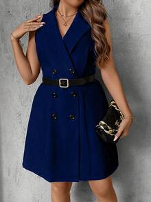 SHEIN Clasi Plus Size Women's Lapel-neck Double-breasted Sleeveless Dress - Navy Blue - View 4