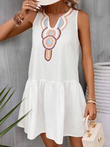 Breezaya Geo Print Notched Neckline Ruffle Hem Smock Dress - White - View 5