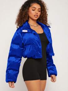 SHEIN BAE Áo khoác độn ngắn thời trang làm bằng vải sang trọng màu trơn có dây kéo - Xanh đậm - Xem 5