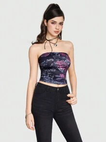 Sweetness Women's Floral Print Bandeau Top - Black - View 3