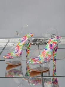 女士透明pvc粗防水平台高跟涼鞋,優雅派對鞋 - 無色 - 查看 4