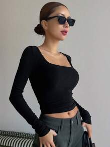 DAZY Màu thuần Thon gọn Scoop Cổ Tay áo dài Áo thun - màu đen - Xem 6