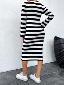 RueChic Women's Striped Knit Sweater Dress, Medium Length - Black and White - View 2