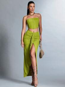SHEIN BAE Conjunto De Top De Tubo Y Falda Con Dobladillo De Volantes Plisados Para Mujer - Verde - Ver 7
