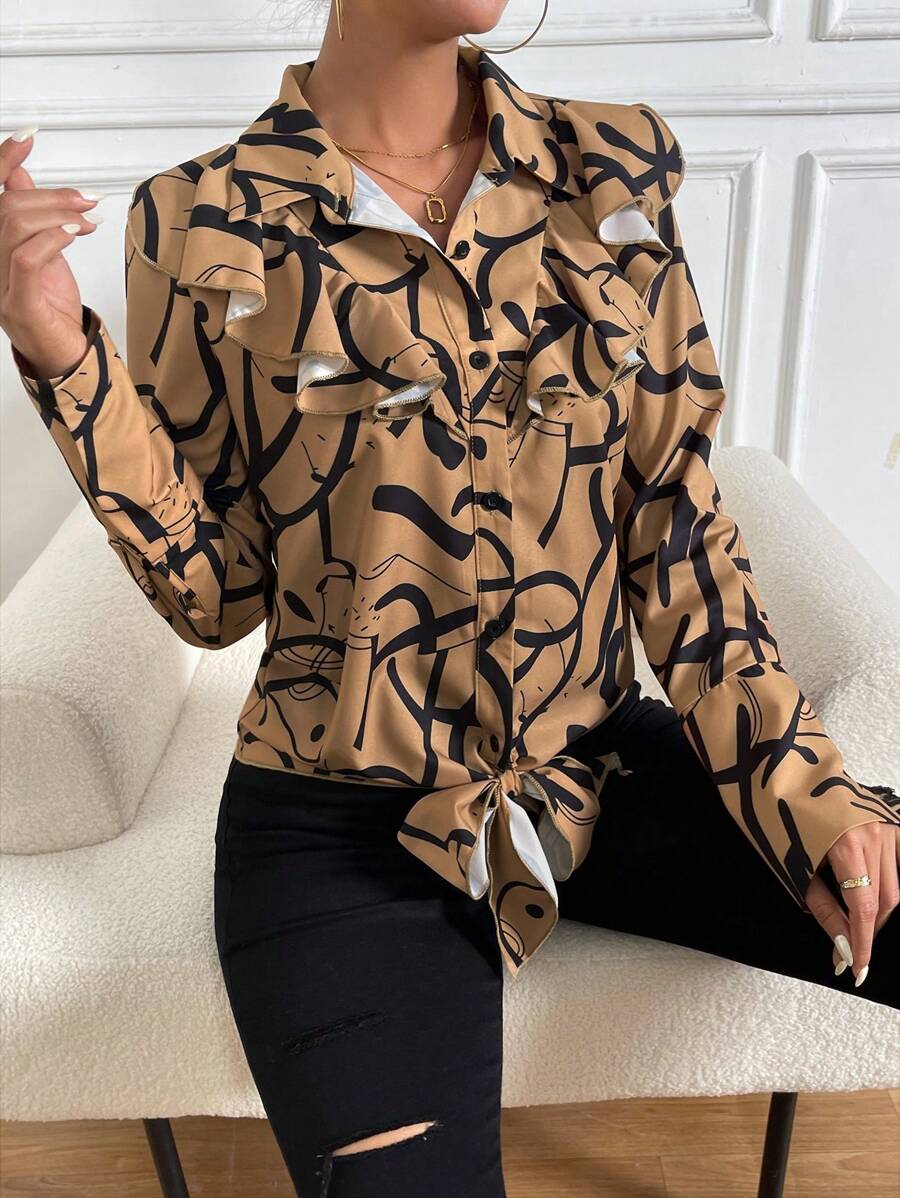 Chiquease Women's Pattern Printed Ruffle Trim Long Sleeve Blouse/shirt