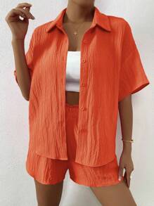 SHEIN Unity Women'S Drop Shoulder Shirt And Shorts Set - Orange - View 1