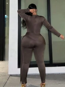 Slaydiva 女款大尺寸深 V 領褶皺連身褲 - 粉色 - 查看 5