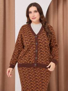 Mulvari Women'S Plus Size Full Printed Button Up Cardigan And Skirt Set 2 Piece Set - Brown - View 5