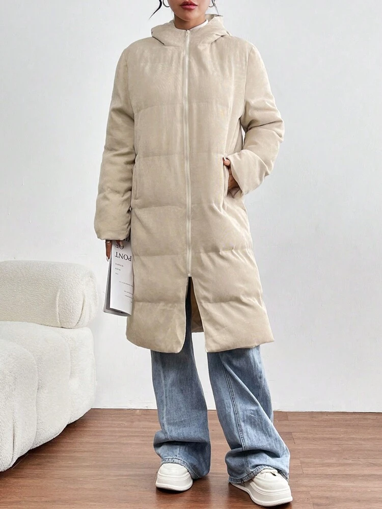 Women's Corduroy Hooded Mid-length Jacket