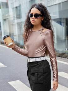 少女冷肩長袖t恤 - 香檳色 - 查看 3