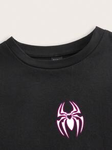 SHEIN EZwear Casual And Simple Spider Pattern Short Sleeve Slim Fit Women's T-Shirt, Suitable For Summer Suitable For Going Out Halloween - Black - View 5