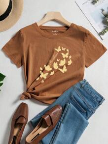 SHEIN LUNE 蝴蝶與信件印花短袖t恤 - 棕色 - 查看 1