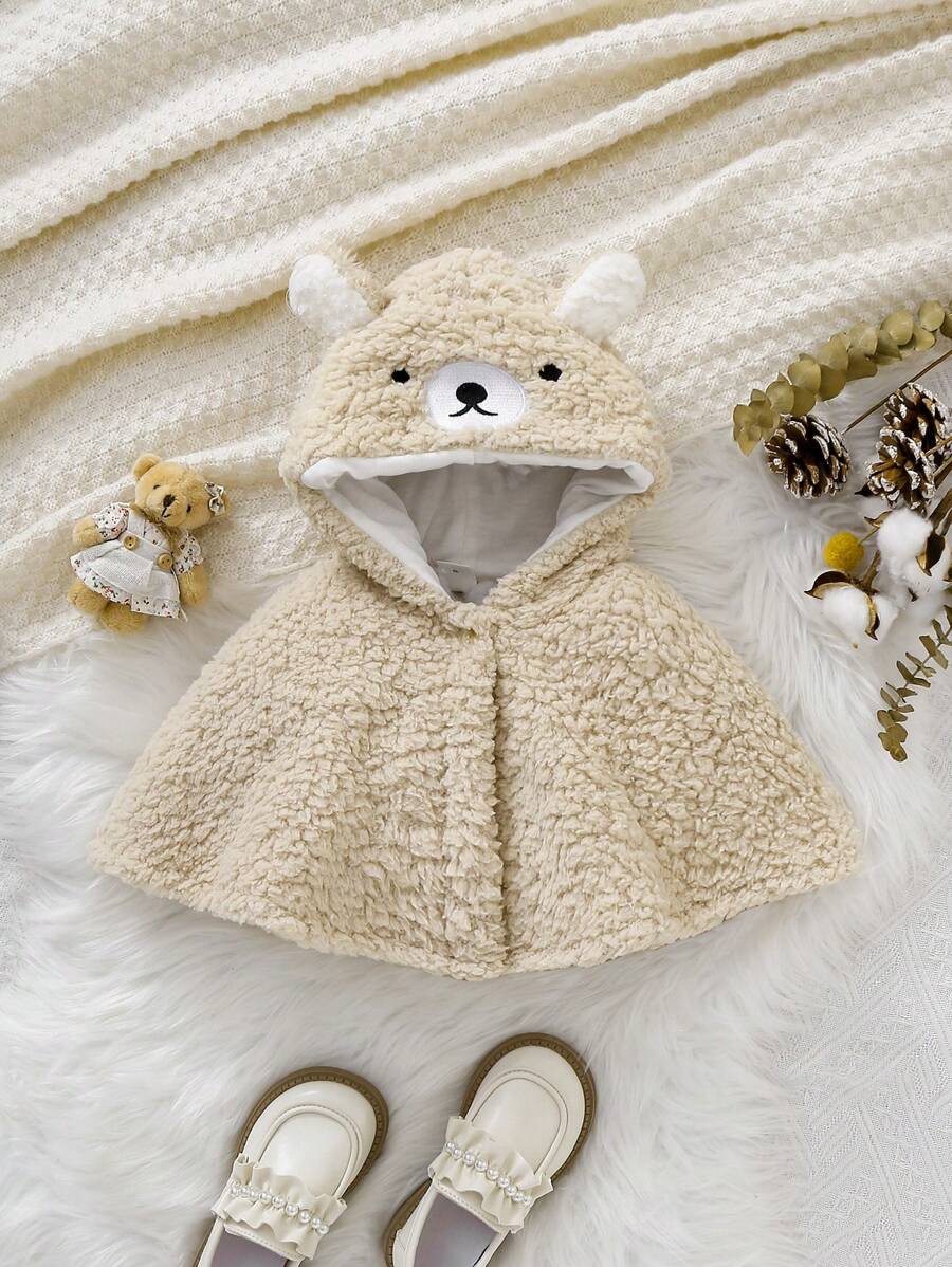 Baby Girl Cartoon 3D Ears Design Hooded Teddy Cape Coat - Apricot - View 1