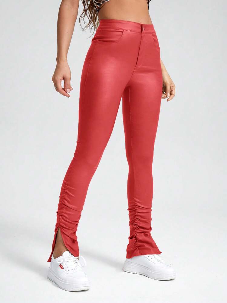 Women's Fashionable Casual Solid Color Ruched Split Slim-Fit Long Pants