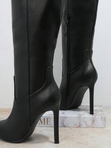 SHUZIA Women's Solid Color Pointed Toe Mid-Calf High Heel Boots, Simple And Versatile For Daily Wear - Black - View 3