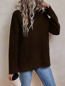 SHEIN LUNE 女士休閒高領純色分割式毛衣 - 棕色 - 查看 3