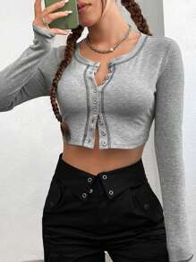 SHEIN EZwear 女性用肋紋修身短款t恤,帶有前鈕設計 - 灰色 - 查看 1