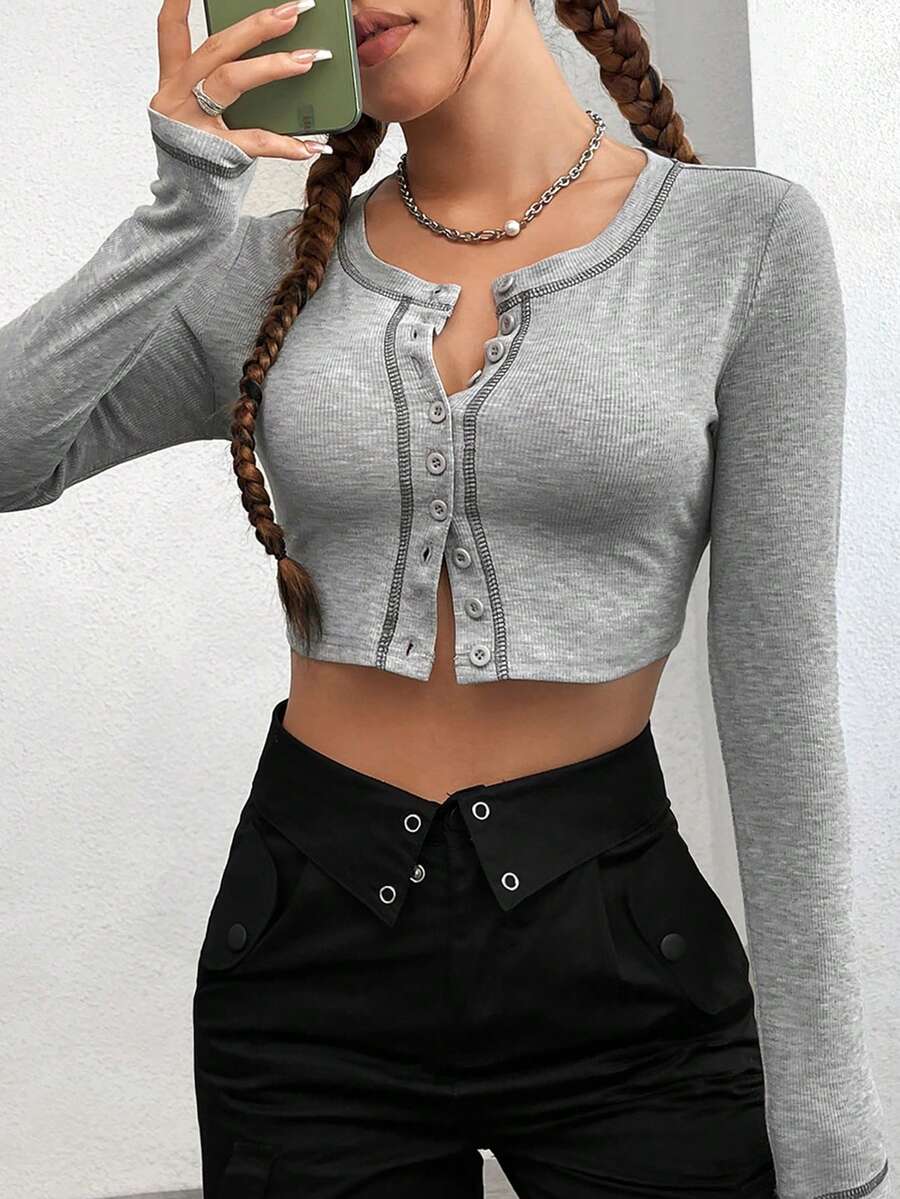 SHEIN EZwear 女性用肋紋修身短款t恤,帶有前鈕設計 - 灰色 - 查看 1