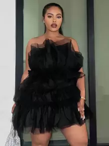 Slaydiva SLAYR PLUS - Vestido de fiesta de alta gama - Vestido negro transparente de talla grande de varias capas de malla sin estiramiento, atuendo para cita, vestido de graduación - Negro - Ver 1