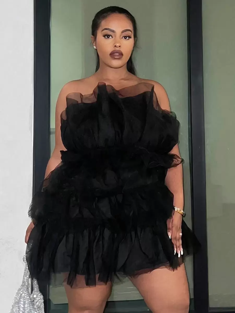 Slaydiva SLAYR PLUS - Vestido de fiesta de alta gama - Vestido negro transparente de talla grande de varias capas de malla sin estiramiento, atuendo para cita, vestido de graduación - Negro - Ver 1