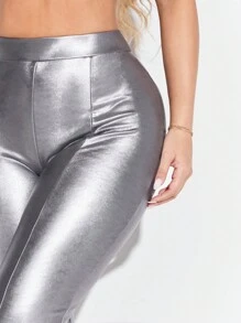SHEIN SXY Women'S Metallic Textured Pleated Thermal Lined Leggings - Silver - View 4