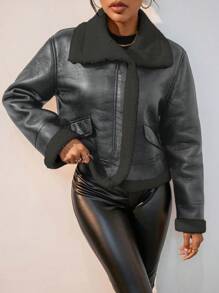 SHEIN Essnce Faux Shearling Lined Pu Leather Jacket - Grey - View 5