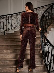 Allurite Của phụ nữ Thắt lưng Long lanh Tay áo dài Áo liền quần - màu nâu - Xem 2