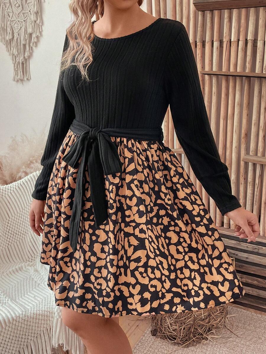 SHEIN LUNE Women's Plus Size Round Neck Ribbed Knit & Hollow Stripe Patchwork Dress - Multicolor - View 1