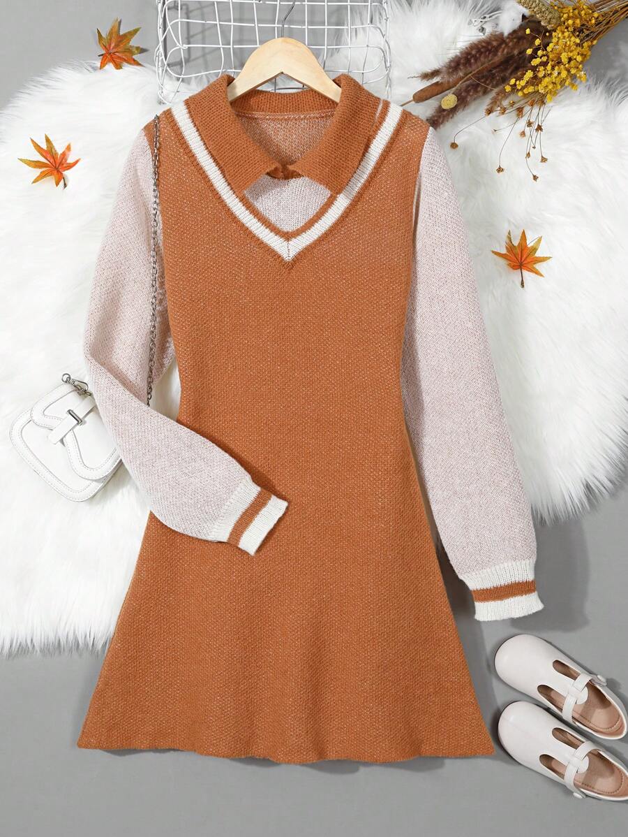 Cô gái Phong cách đơn giản Trang phục trên phố Thoải mái Đầm Áo len Đối với Mùa thu Và Mùa Đông - màu nâu - Xem 1