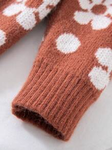 SHEIN Little Girls' Flower Pattern Embroidery Knitted Cardigan With Buttons - Mocha Brown - View 6