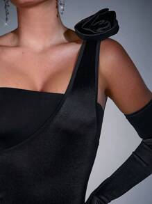 Hauture One Shoulder Rosette Jumpsuit With Gloves - Black - View 6