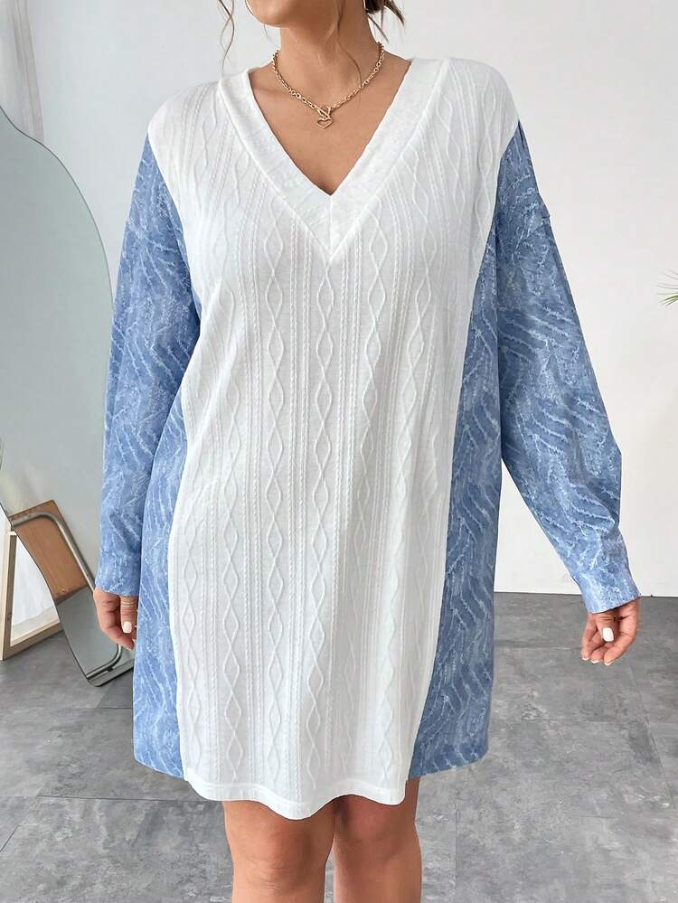 Women's Plus Size V-neck Colorblock Long Sleeve Dress