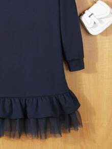 SHEIN 青少年女孩鑽石字母圖案網紗連衣裙,有褶邊緣 - 寶藍色 - 查看 4