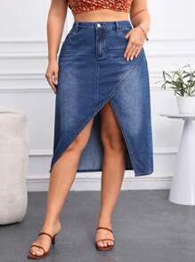 SHEIN LUNE 大尺碼不對稱磨邊下擺牛仔裙 - 藍色 - 查看 1