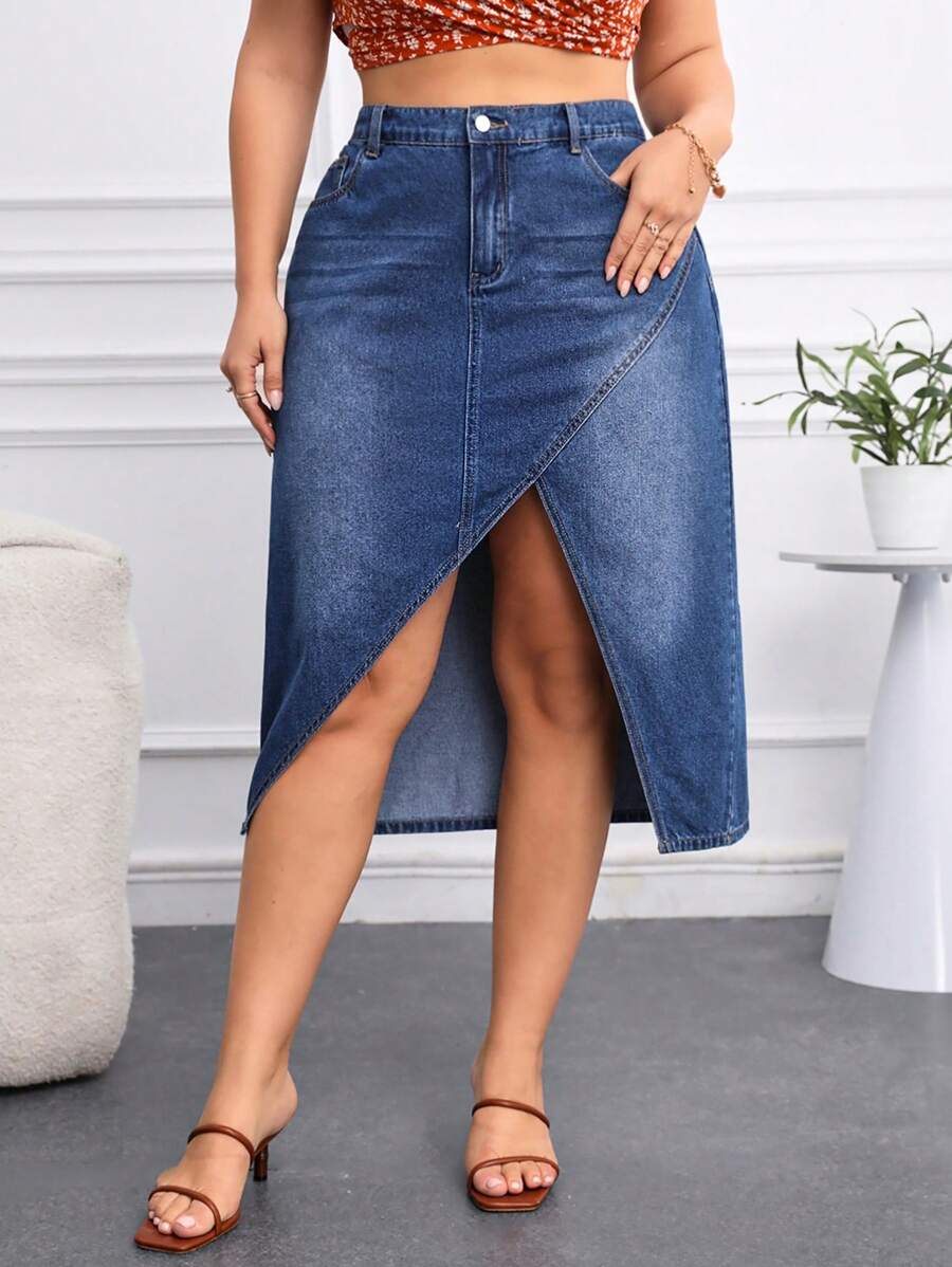 SHEIN LUNE 大尺碼不對稱磨邊下擺牛仔裙 - 藍色 - 查看 1